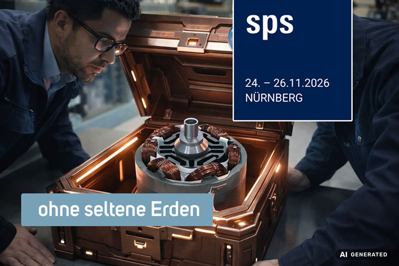 kupferfarbener Koffer in Tresoroptik mit einem Torquemotor darin. Ein Mann mit Brille und Hemd beugt sich darüber. Logo SPS Nürnberg. Texteinblendung: ohne seltene Erden.